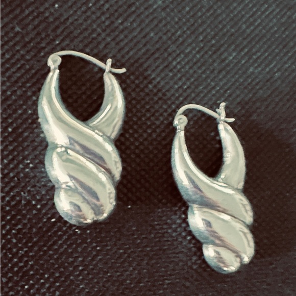 Vintage Modern Twisted Sterling Silver Earrings Elongated Hoop Pierced - Picture 2 of 6